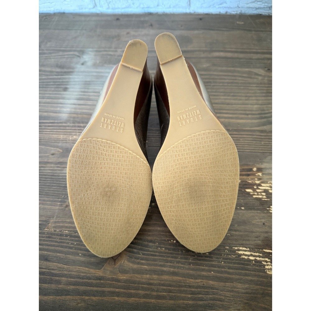 Stuart Weitzman Metallic Gold Leather Peep Toe Wedge‎ Heels Women's Size 9M - Picture 7 of 12